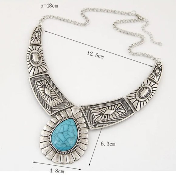 Antique Silver & Turquoise Western Southwestern Bohemian Statement Necklace NEW - Picture 5 of 8